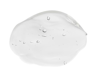 Sample of clear facial gel on white background, top view
