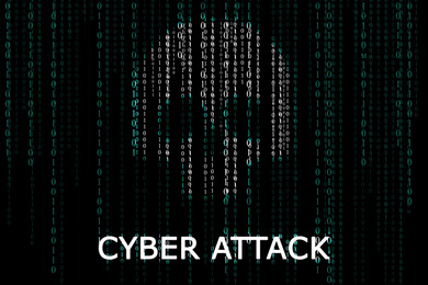 Skull on digital binary code background. Cyber attack prevention concept