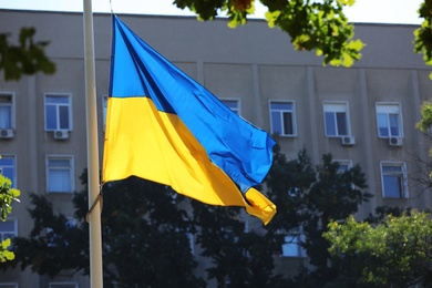 National flag of Ukraine in city park on sunny day