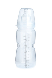 Plastic baby bottle isolated on white. First food