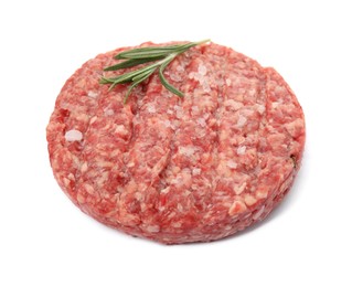 Raw hamburger patty with rosemary and salt isolated on white