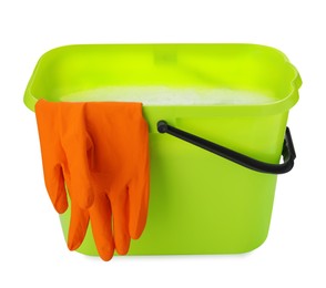 Green bucket with gloves isolated on white