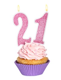 21th birthday. Delicious cupcake with number shaped candles for coming of age party on white background