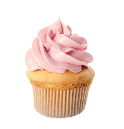 Delicious birthday cupcake decorated with cream on white background