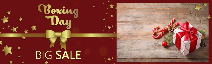 Text Boxing Day Big Sale on red background and wooden table with gift. Banner design