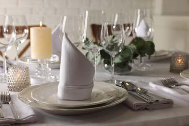 Stylish elegant table setting in restaurant. Space for text