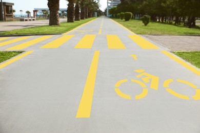 Bike lane with painted yellow bicycle sign and arrow near pedestrian crossing