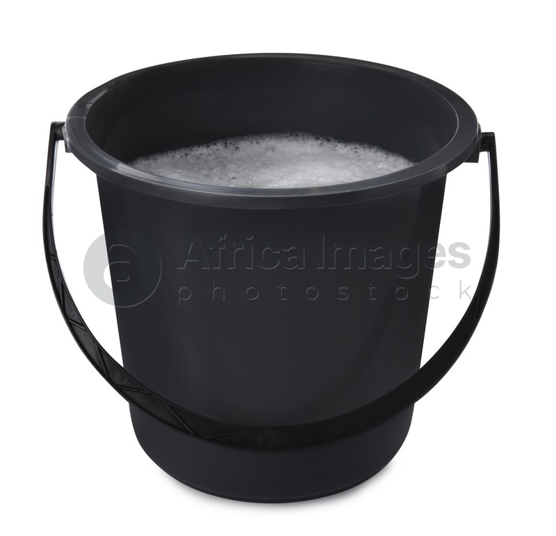 Black bucket with detergent isolated on white