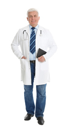 Senior doctor with clipboard on white background