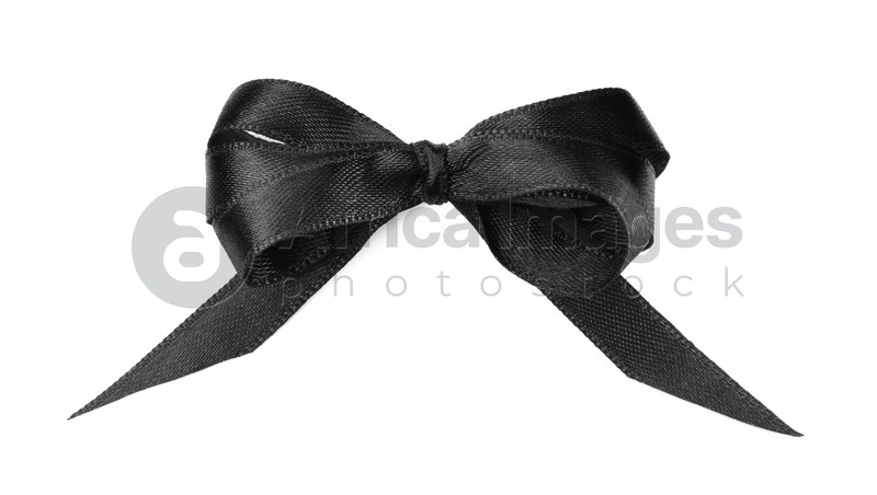 Elegant black ribbon tied in bow isolated on white, top view