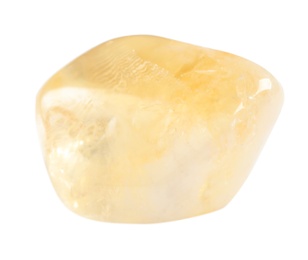 Photo of Beautiful citrine quartz gemstone on white background