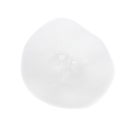 Fluffy soap foam on white background, top view
