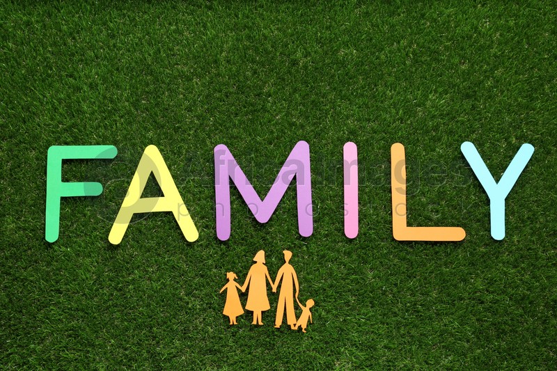 Paper cutout and word Family made of colorful letters on green grass, flat lay