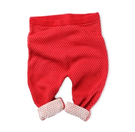 Red pants isolated on white, top view. Christmas baby clothes