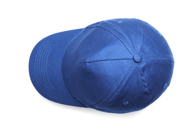 Stylish blue baseball cap on white background, top view