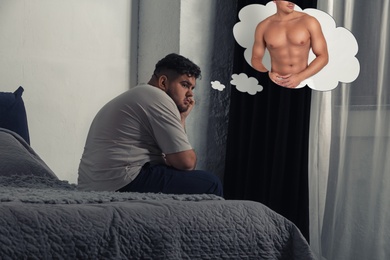 Overweight man dreaming about muscular body at home. Weight loss concept