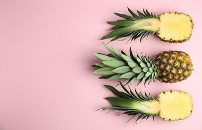 Photo of Whole and cut pineapples on pink background, flat lay. Space for text