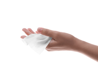 Woman holding wet wipe on white background, closeup