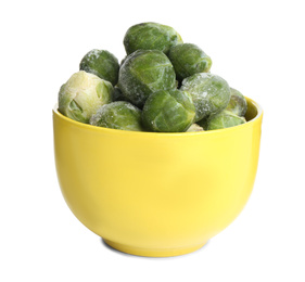 Frozen Brussels sprouts in bowl isolated on white. Vegetable preservation