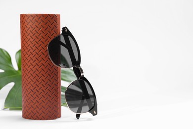 Stylish sunglasses and brown leather case with pattern on white background, space for text