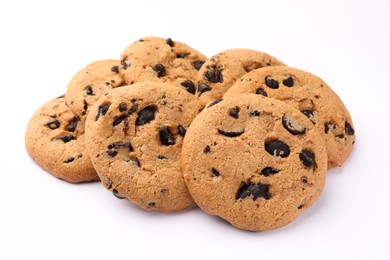 Photo of Delicious chocolate chip cookies on white background