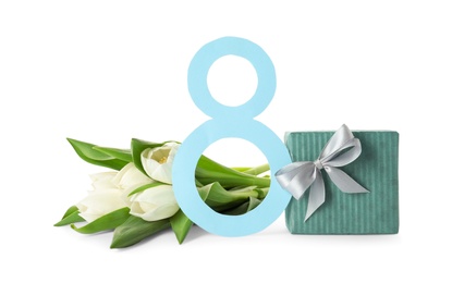 8 March card design with tulips and gift on white background. International Women's Day