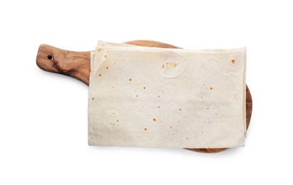 Photo of Wooden board with delicious Armenian lavash on white background, top view
