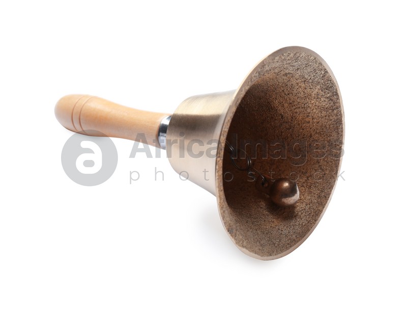 Golden school bell with wooden handle isolated on white