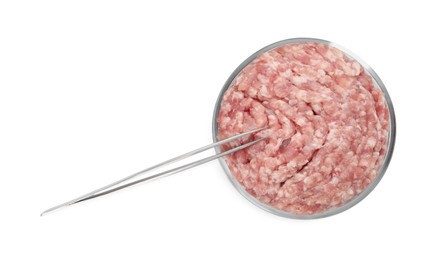 Photo of Petri dish with raw minced cultured meat and tweezers on white background, top view