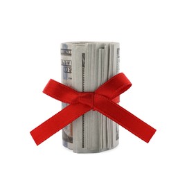 Roll of dollar banknotes with red ribbon on white background