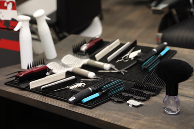 Hairdresser tools on table in barber shop