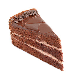 Piece of tasty chocolate cake isolated on white