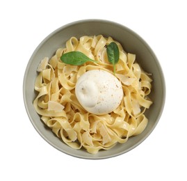 Delicious pasta with burrata cheese and basil isolated on white, top view