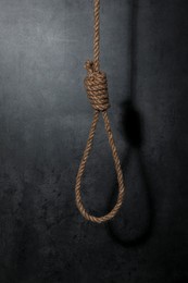 Tied rope noose against grey stone background