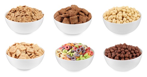 Set with different tasty breakfast cereals on white background