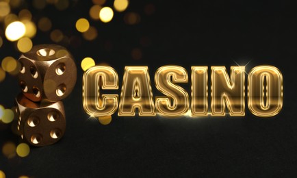 Word Casino and dice on dark background with blurred lights. Banner design