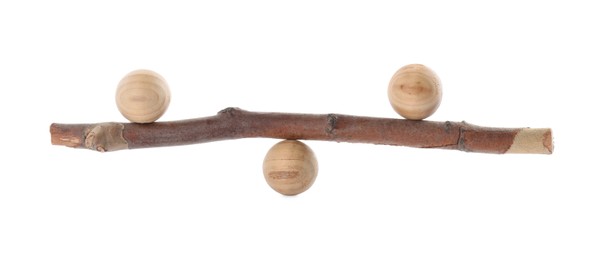 Tree branch with wooden balls on white background. Harmony and balance concept