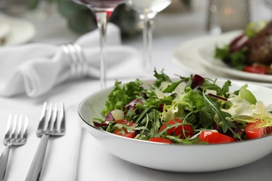 Delicious salad served on table in restaurant