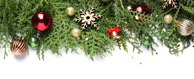 Photo of Thuja branches with Christmas decorations on white background, flat lay