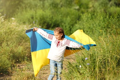 Little girl in vyshyvanka with flag of Ukraine outdoors