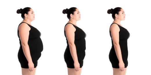 Collage with photos of overweight woman before and after weight loss on white background. Banner design 