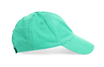 Stylish green baseball cap on white background