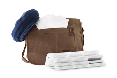 Brown postman bag with mails, newspapers and hat on white background