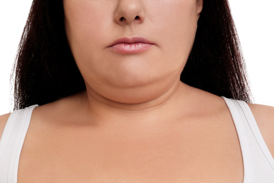 Woman with double chin on white background, closeup