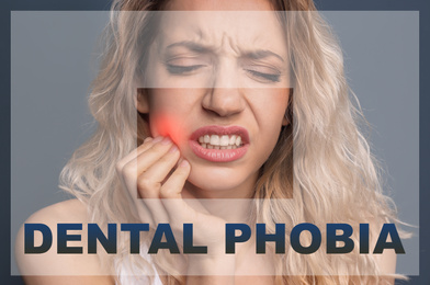 Dental phobia concept. Young woman suffering from toothache on grey background