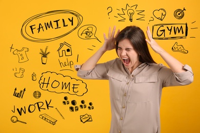 Stressed young woman, text and drawings on yellow background