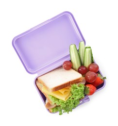 Lunchbox with tasty food on white background, top view. School dinner
