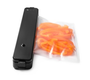 Sealer for vacuum packing and plastic bag with bell pepper on white background