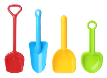 Different bright plastic toy shovels on white background, collage 
