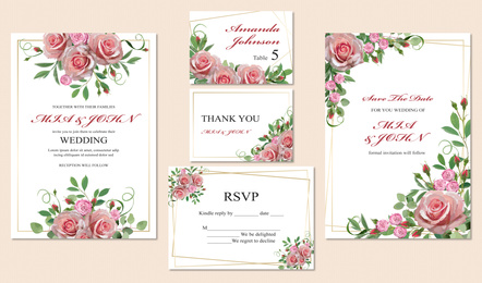 Beautiful wedding invitations and cards with floral motif on beige background, top view